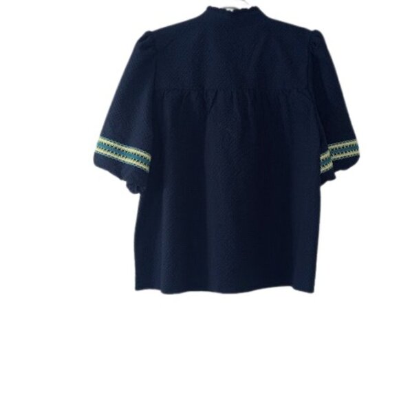 Grace + Karma Womens Bubble Sleeve Peasant Top Navy Textured Embroidered L New - Picture 3 of 3